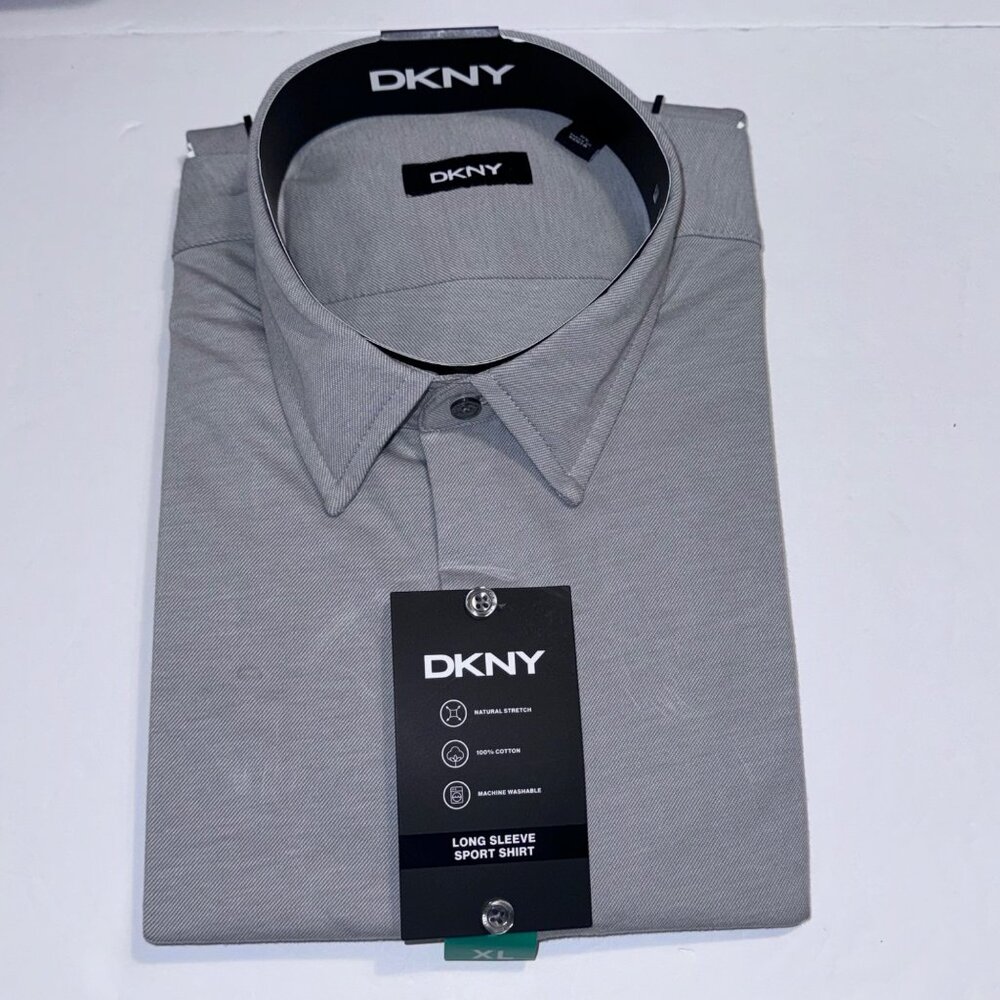 DKNY Mens Gray Long Sleeve Dress Shirt XL Stretch Office Conservative Work New